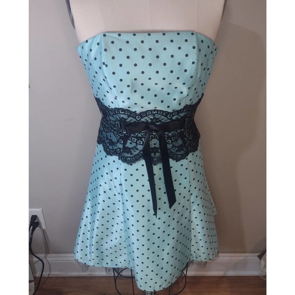 Jessica McClintock Gunne Sax Vintage Tiffany Blue Polka Dot Strapless Dress 5 - Picture 1 of 11